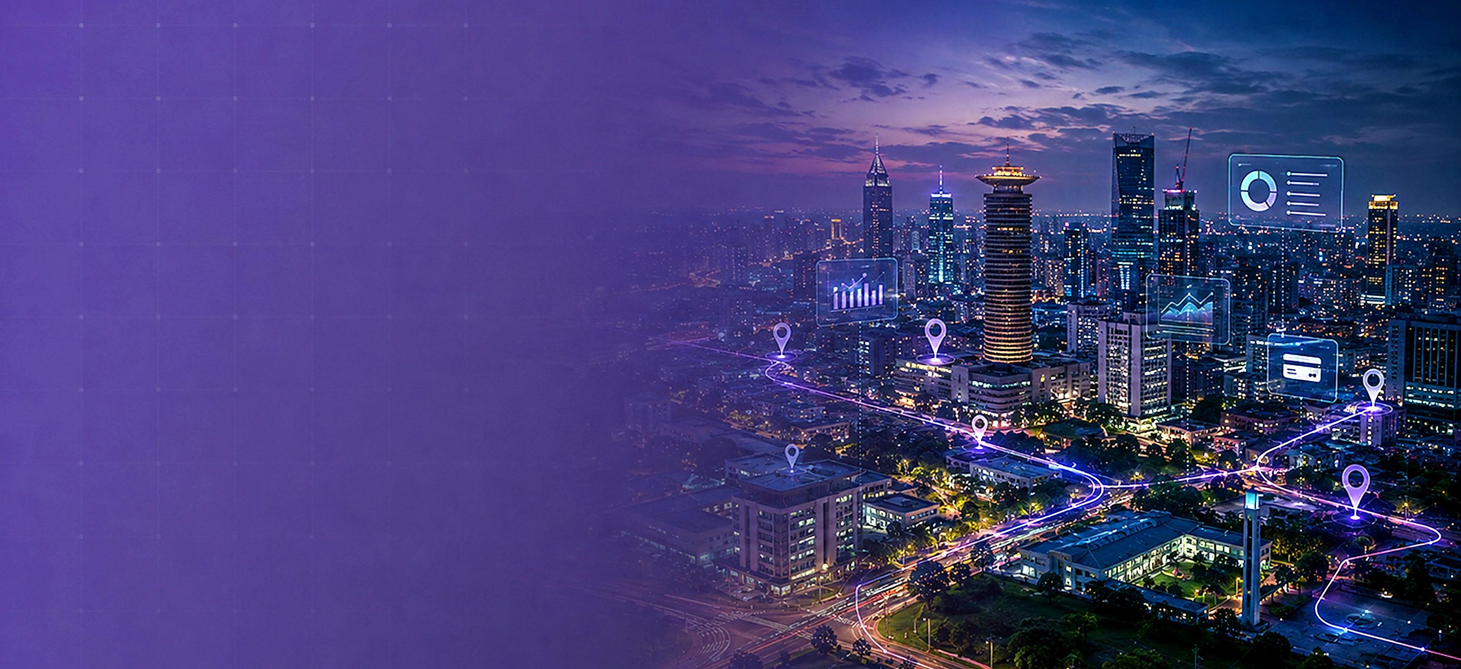 Aerial night view of a connected smart city